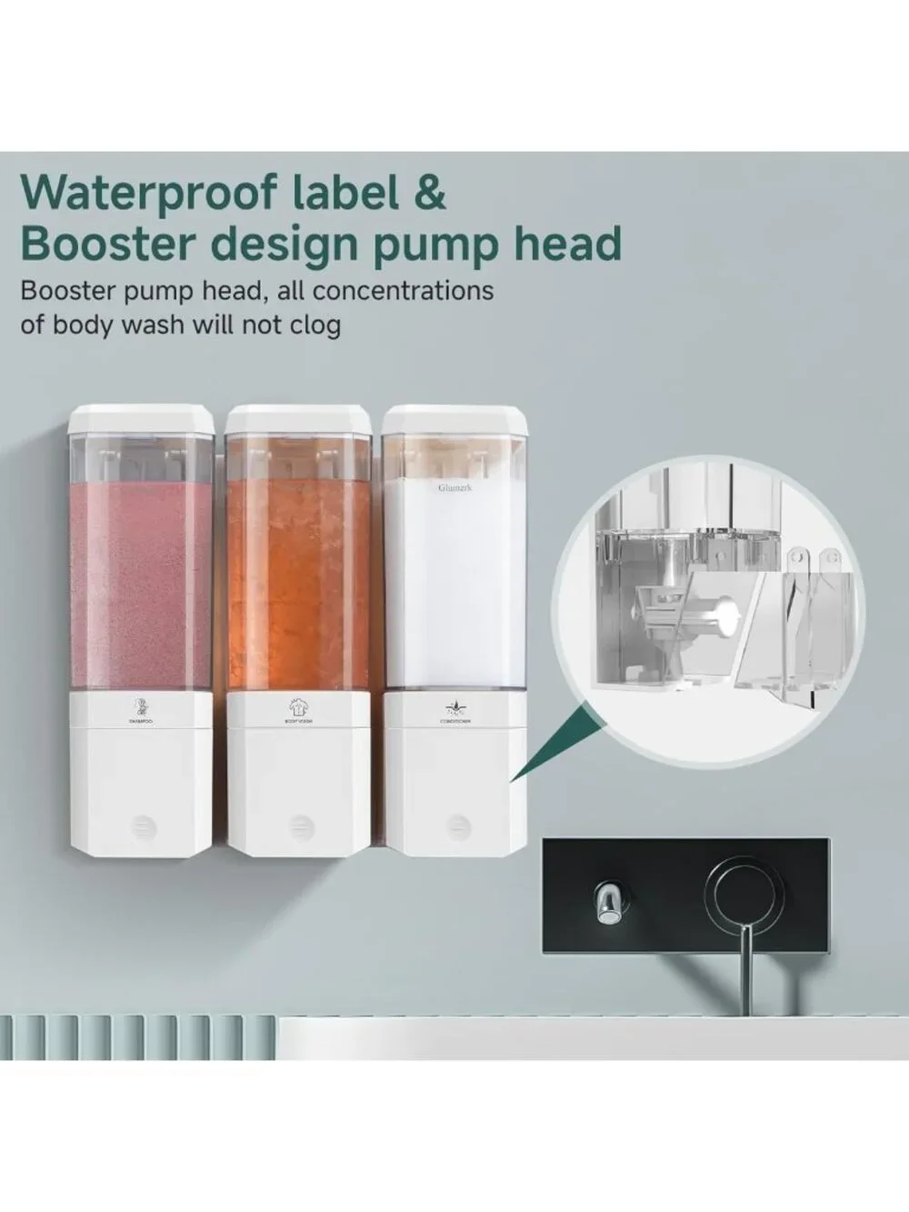 Wall-Mounted 3-Chamber Shampoo & Conditioner Dispenser - No Drill, Refillable